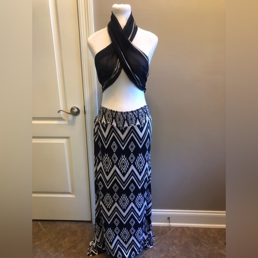 NWT French Laundry Maxi Skirt Southwest Print Navy White Large